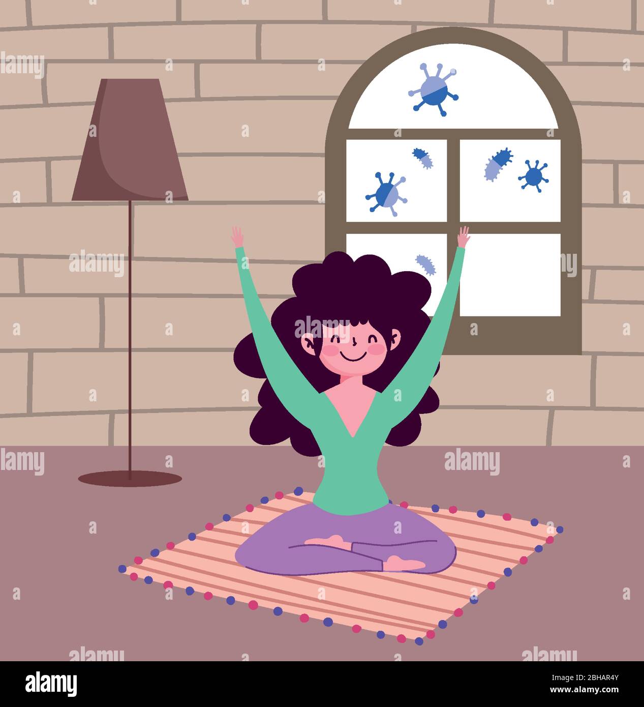 girl practicing yoga pose in room, quarantine stay at home vector ...