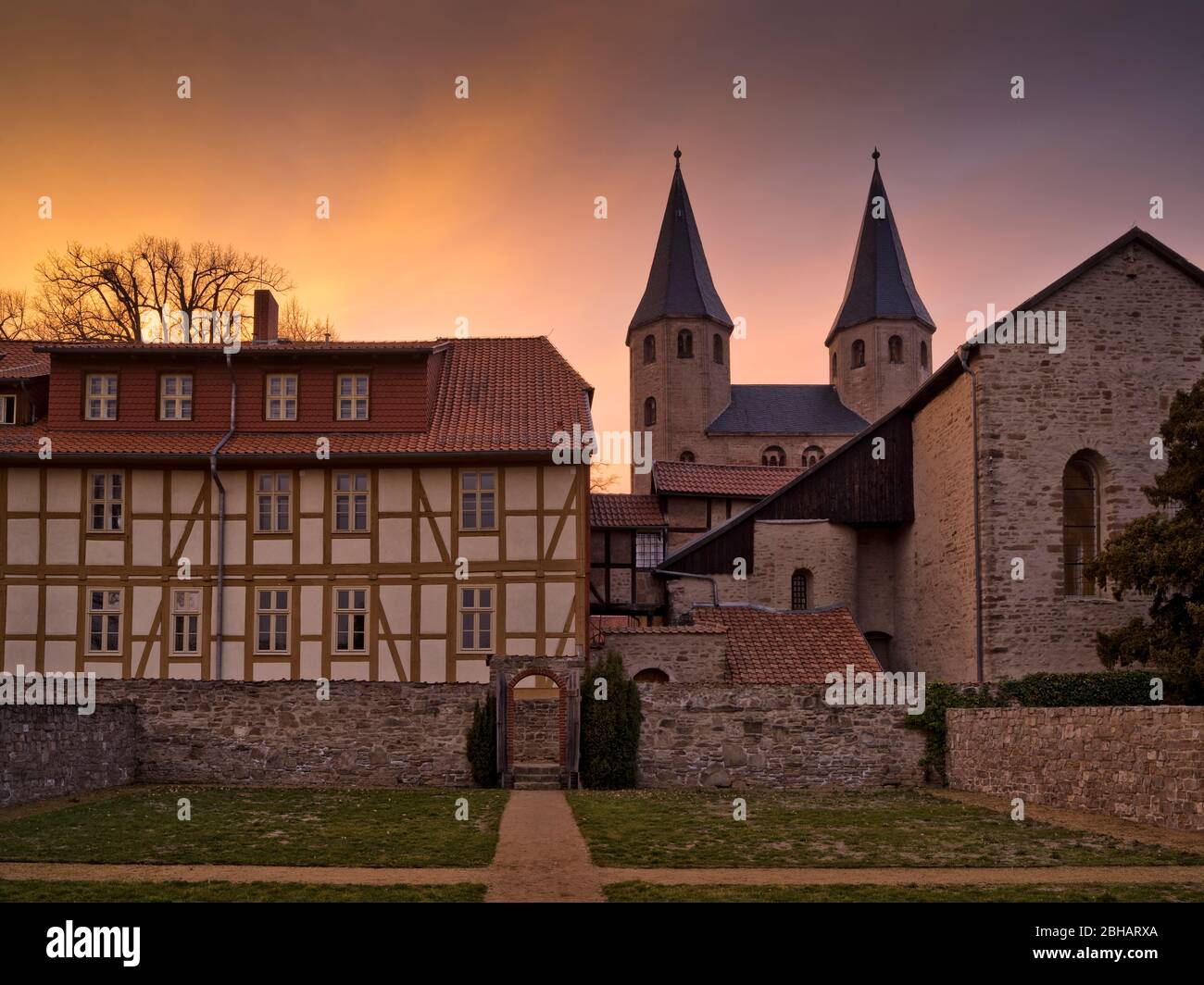 Europe, Germany, Saxony-Anhalt, Ilsenburg, Drübeck Abbey, Benedictine Convent of St. Vitus, 10th century, evening mood Stock Photo