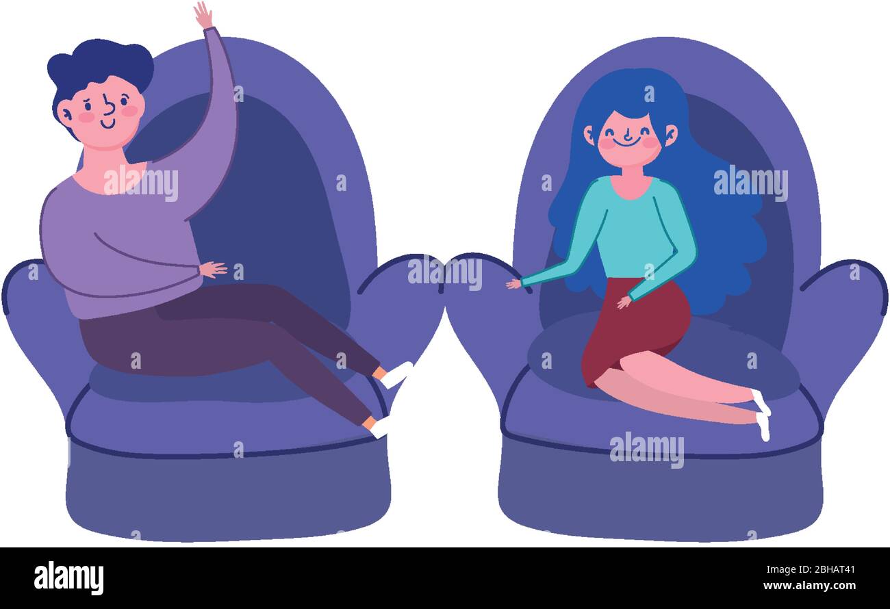 man and woman sitting in chairs living room, quarantine stay at home ...