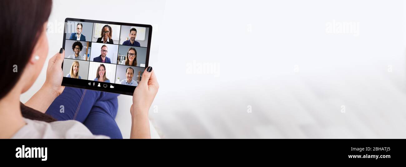 Woman In Video Conferencing Call On Tablet. Webinar Conference Stock Photo