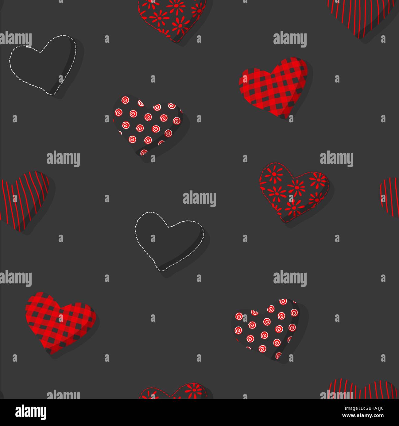 Seamless romantic trendy minimal black vector pattern with handmade textile hearts. Stock Vector