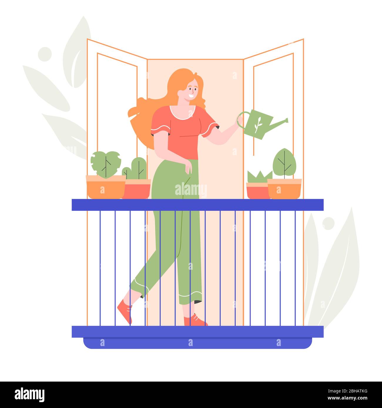 Cute girl watering a flower on the balcony.  Stock Vector