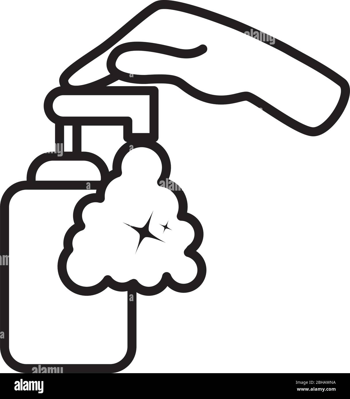 hand pushing a hand soap bottle dispenser icon over white background ...