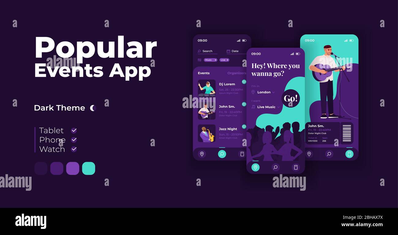 Popular events app cartoon smartphone interface vector templates set ...