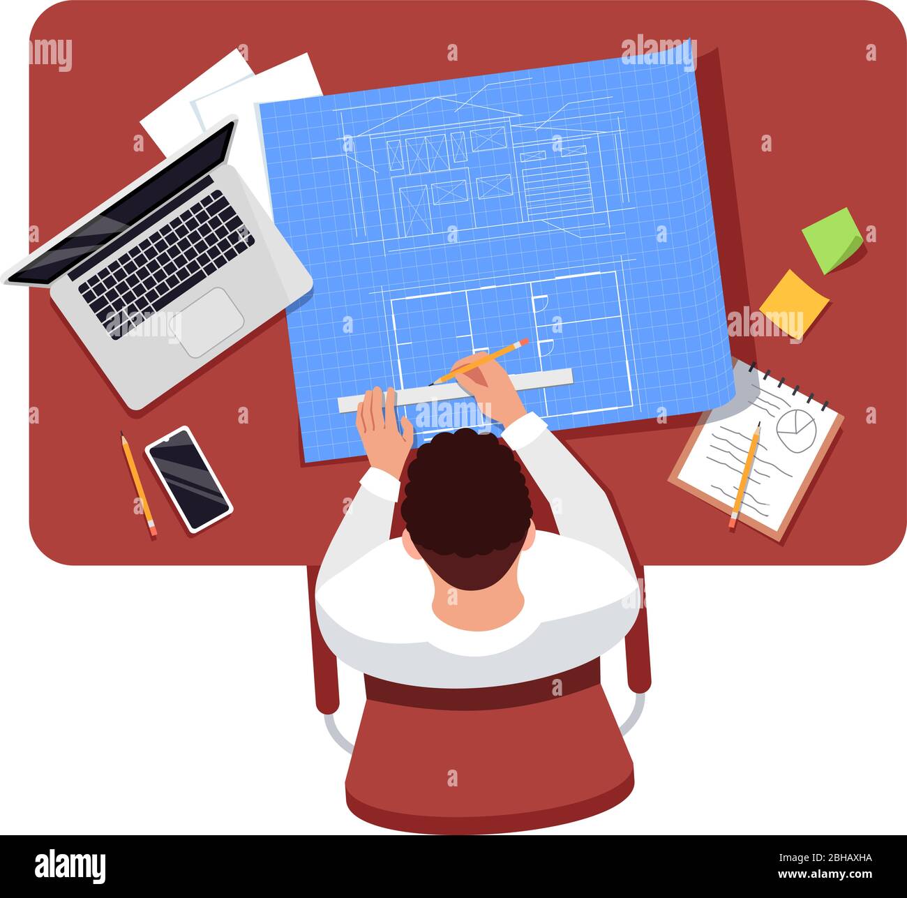 Architect draw plan semi flat RGB color vector illustration Stock Vector