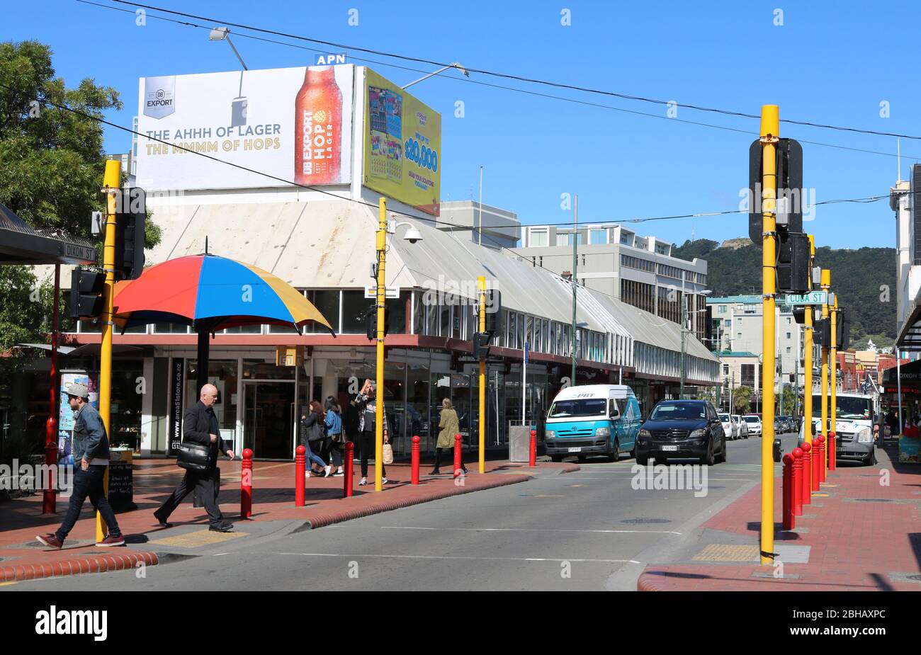 View of pedestrian crossing on Cuba Street in Wellington city center, Wellington, New Zealand
