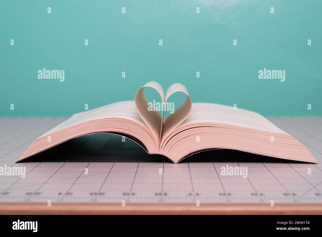 Book with heart-shaped leaves on the work desk Stock Photo
