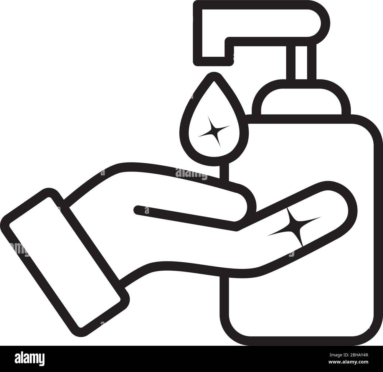 soap bottle and hand with soap drop over white background, line style