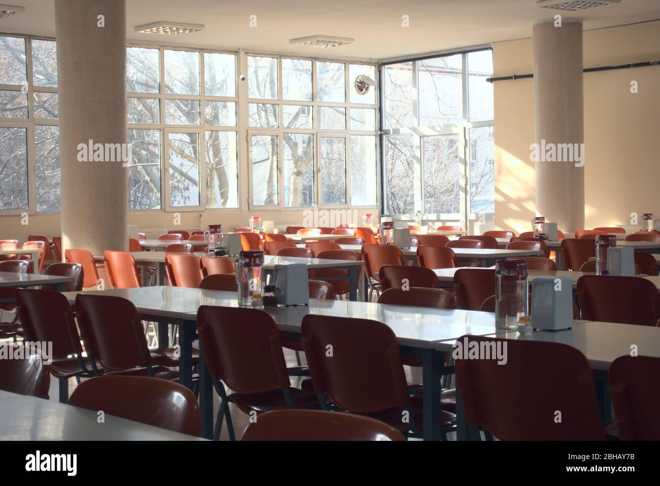 Shot of empty college cafeteria after the cancellation of schools due to corona virus Stock Photo