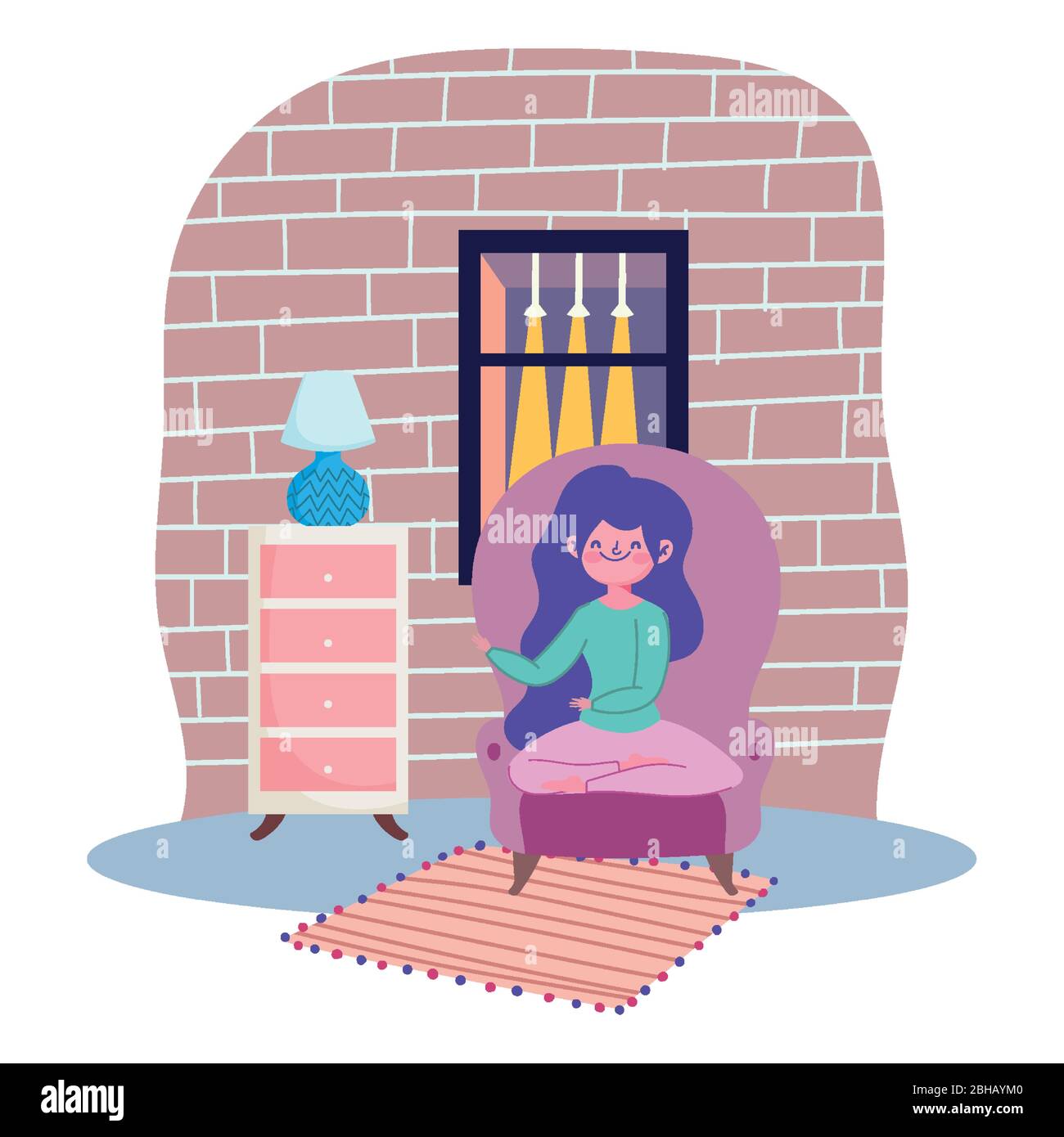 girl sitting in yoga pose on chair, quarantine stay at home vector ...