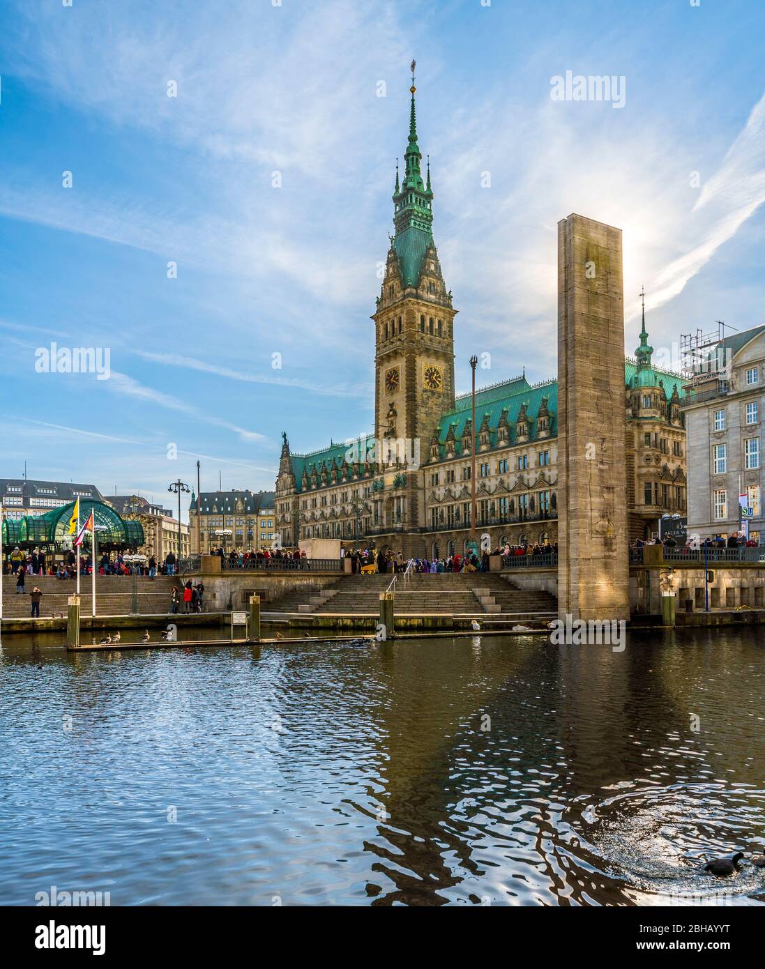 Germany, Hamburg, city hall and small Alster, monument to the fallen of both WK Stock Photo