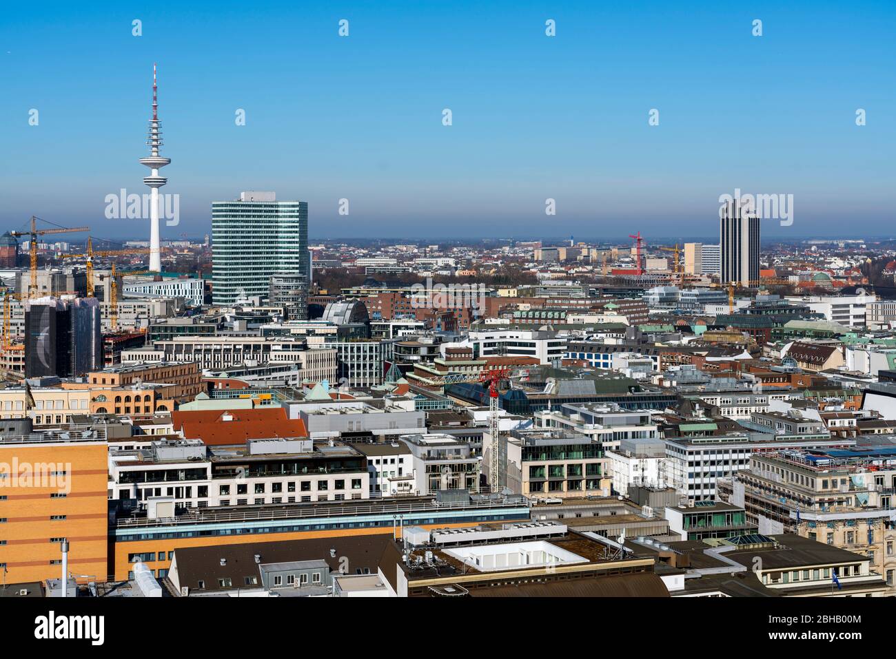 Germany, Hamburg, view from the tower of the church ruin St. Nikolai to the Heinrich Hertz tower, the 279.2 m high television tower, which Hamburg also call Telemichel. Stock Photo