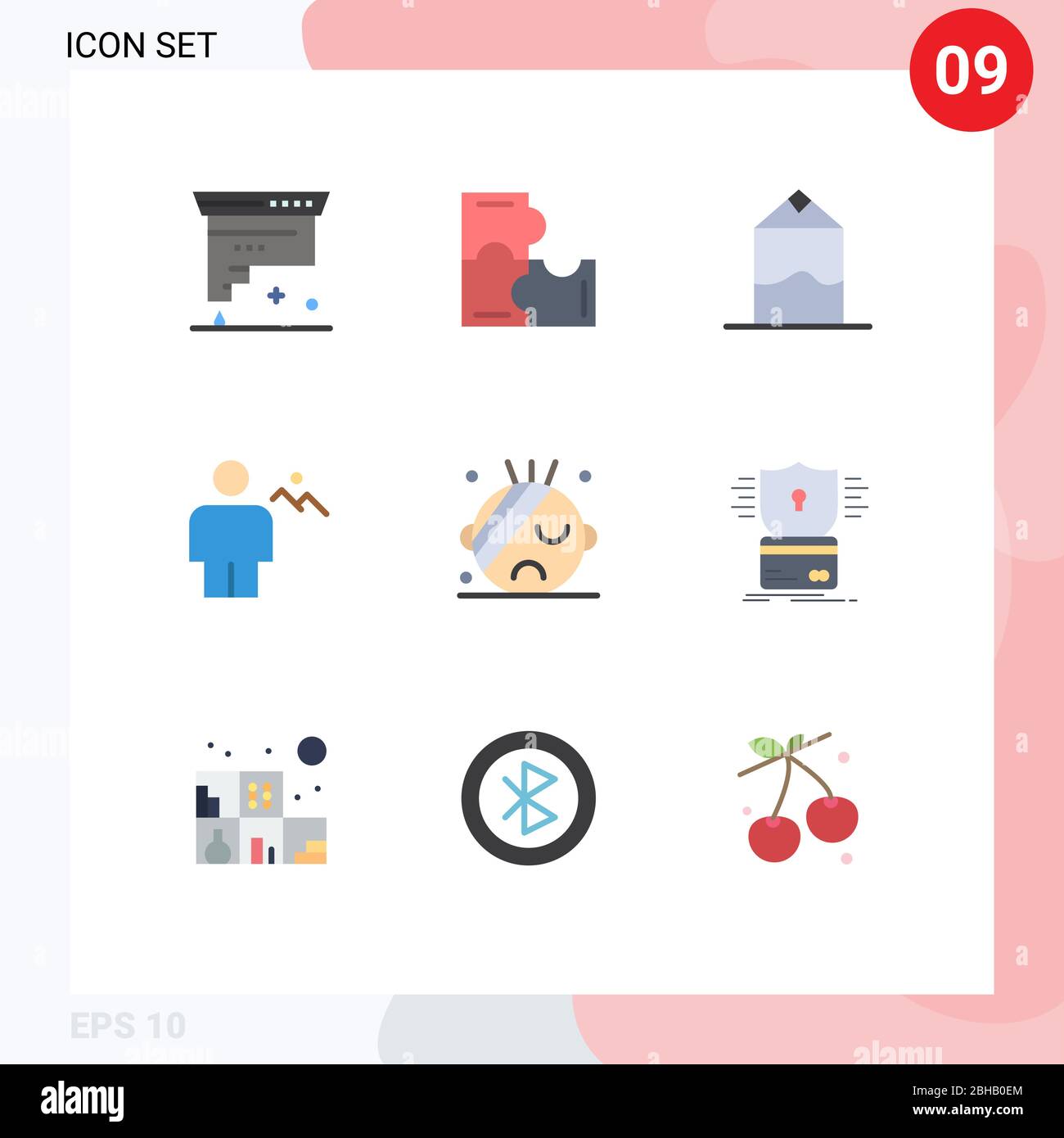 Set of 9 Modern UI Icons Symbols Signs for healthcare, human, puzzle pieces, hills, avatar