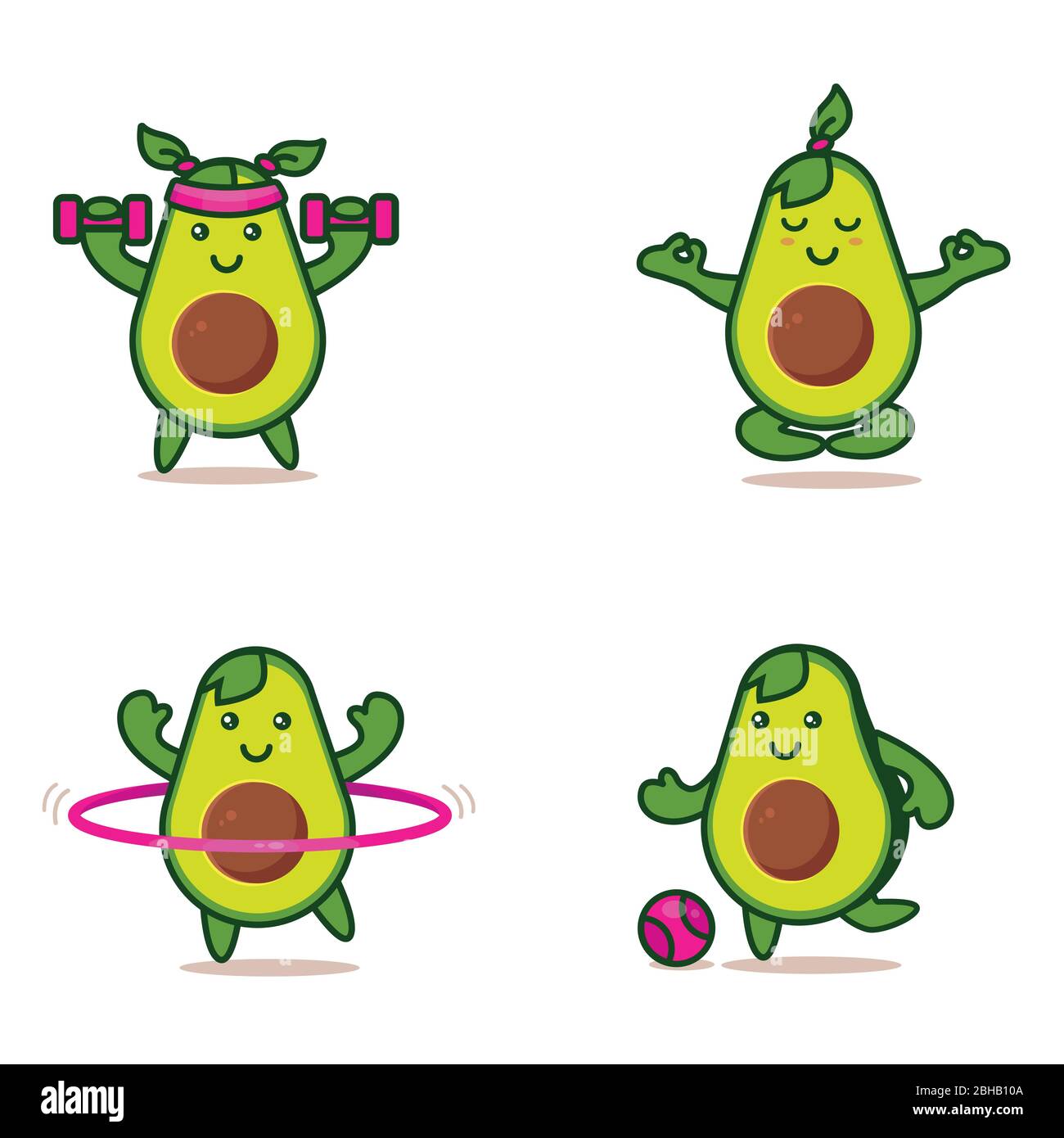 Cute Avocado cartoon character doing exercises. Stock Vector