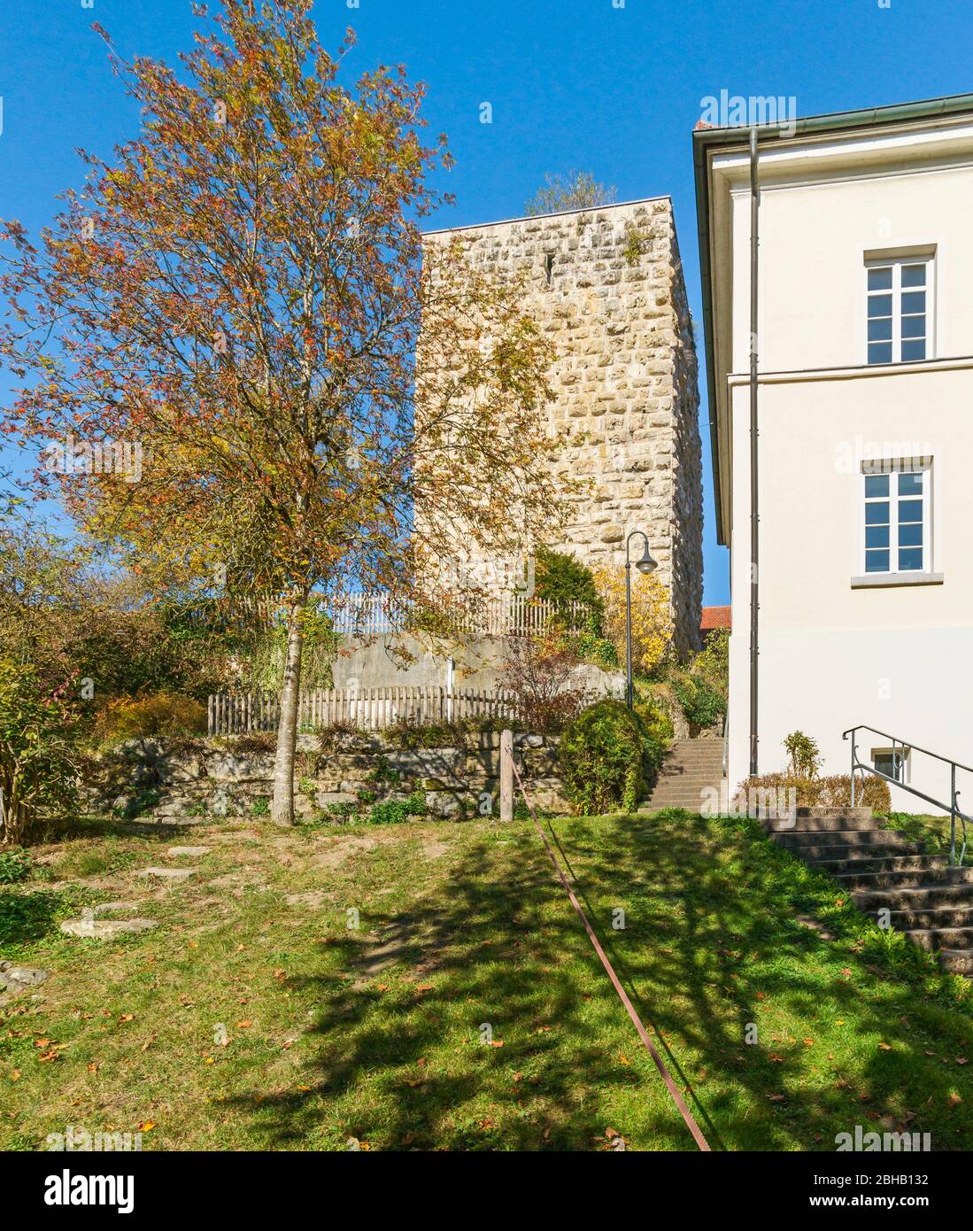 Germany, Baden-Württemberg, Sigmaringen - Jungnau, keep of the former castle Jungnau also called Jungnau Castle. Right next to it the town hall. The keep was renamed Emperor Wilhelm Turm in honor of Kaiser Wilhelm II. Stock Photo