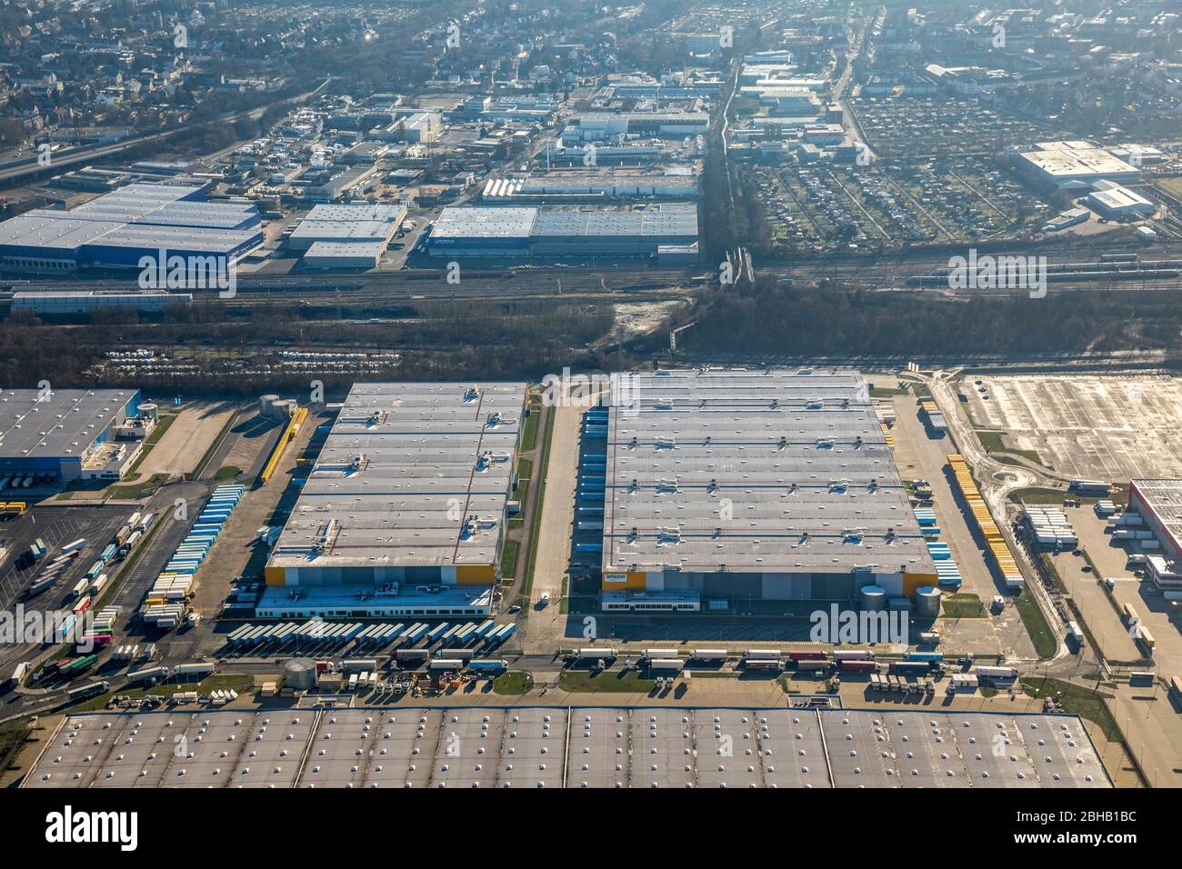 Amazon Logistics Center Dortmund, Aerial view, Garbe-Logistikpark ironworks  Westfalenhütte, DB Schenker, Kaltband street, ID-Logistics, Warmbreitband  street, Rhenus Contract Logistics West GmbH Co. KG, Jucho street, Dortmund,  North Rhine-Westphalia ...