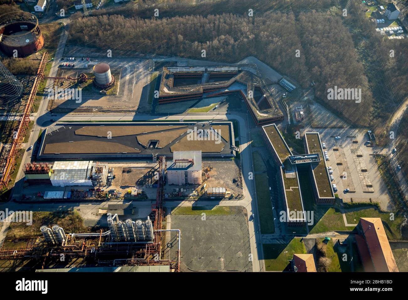 Aerial view of RAG Montan Immobilien, cooling towers, mine Zollverein, Essen, Ruhrgebiet, North Rhine-Westphalia, Germany Stock Photo