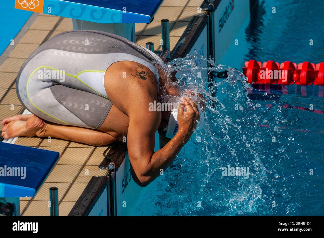Franck Esposito (FRA) preparing to start the Men's 200 metre butterfly heat at the 2004 Olympic Summer Games, Athens, Greece. August 16, 2004 Stock Photo