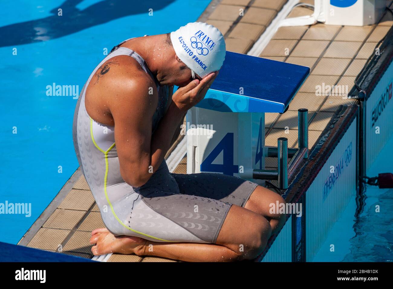 Franck Esposito (FRA) preparing to start the Men's 200 metre butterfly heat at the 2004 Olympic Summer Games, Athens, Greece. August 16, 2004 Stock Photo