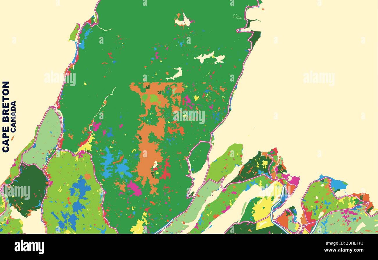 Colorful vector map of Cape Breton, Nova Scotia, Canada. Art Map