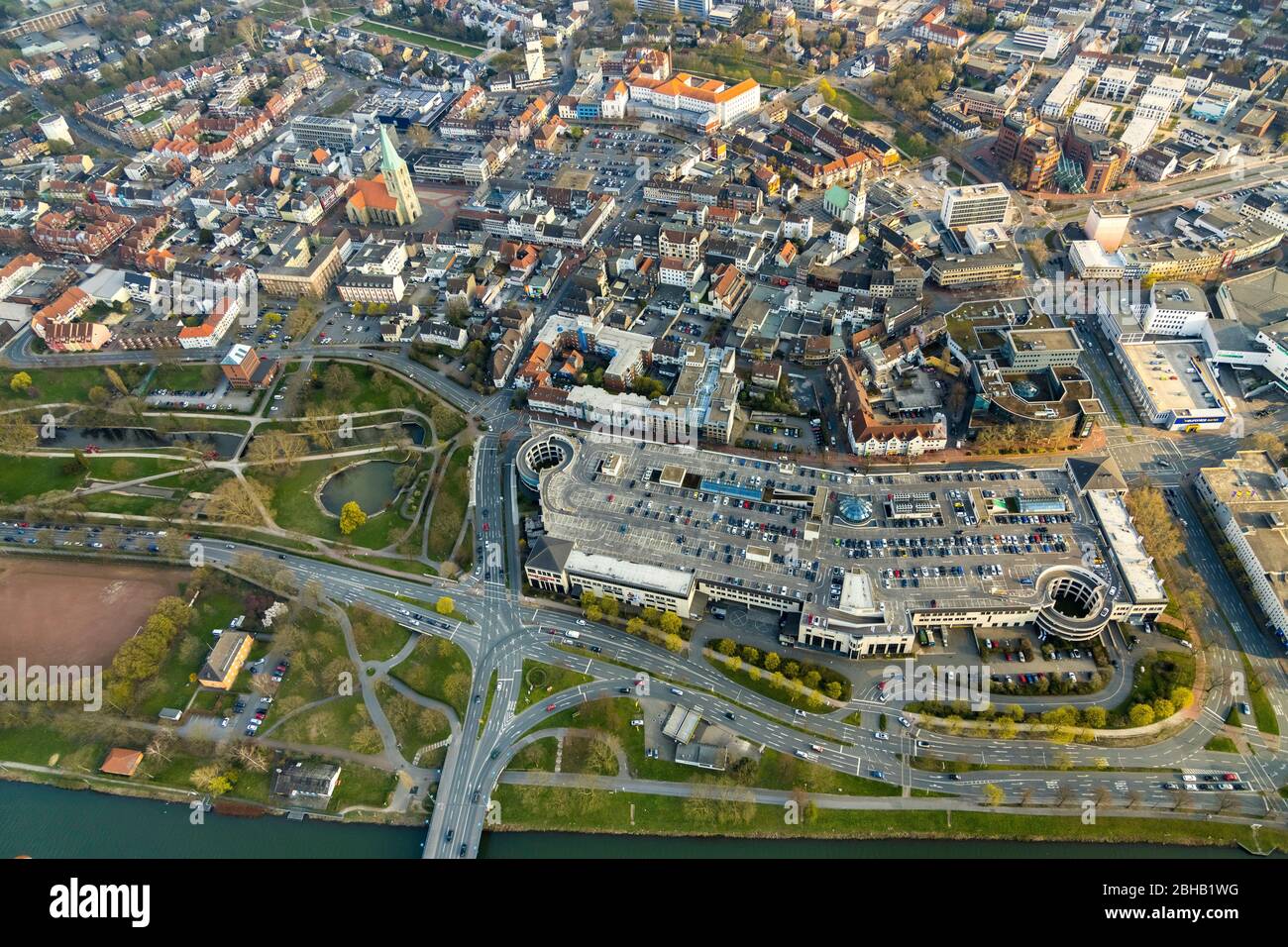 Aerial view of downtown with Allee-Center ECE and Lippe bridge, Hamm, North Rhine-Westphalia, Germany. Stock Photo