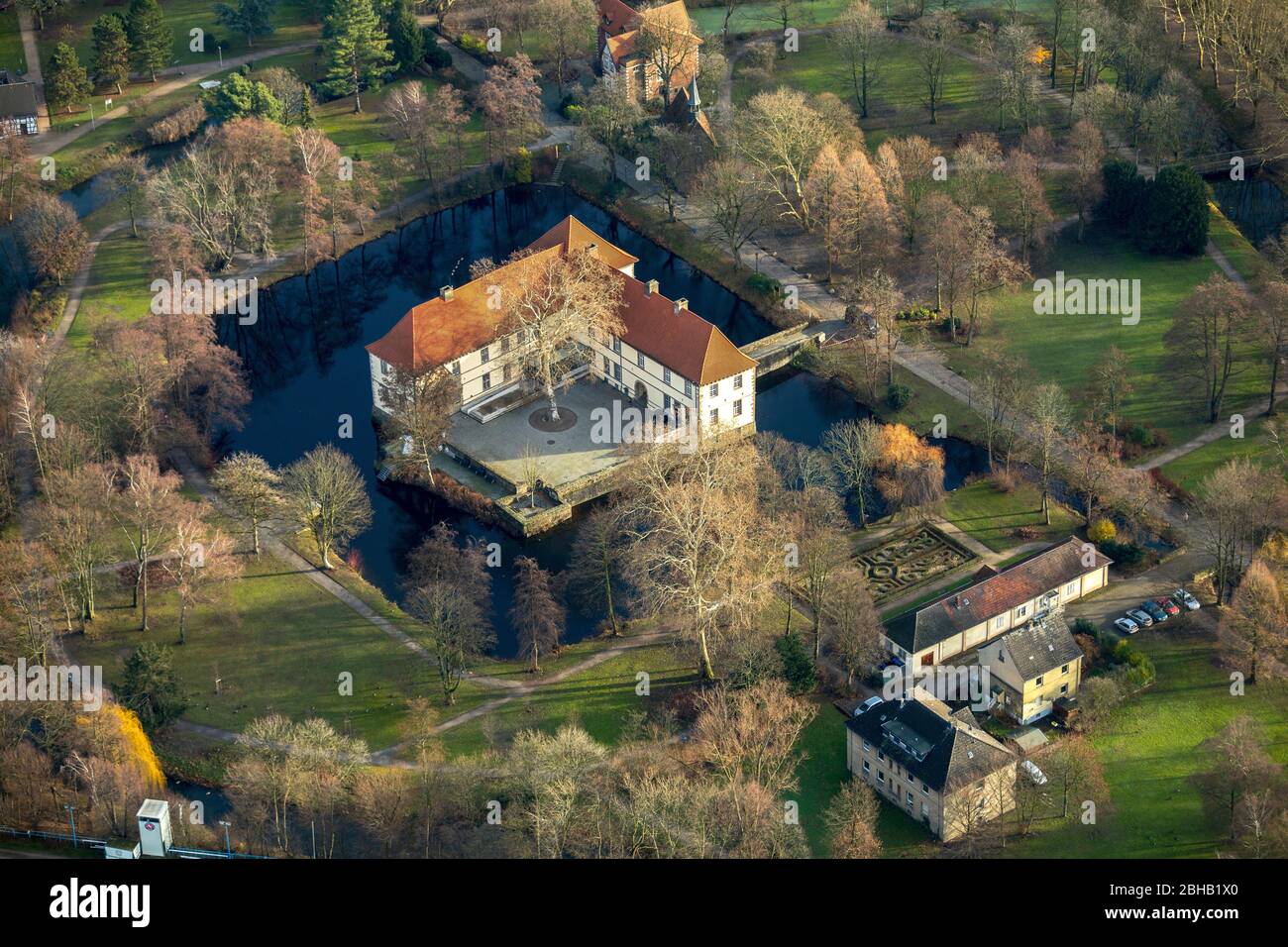 Aerial view, Museum Emschertal Castle Strünkede, Gräfte, Baukau, Herne, Ruhrgebiet, North Rhine-Westphalia, Germany Stock Photo