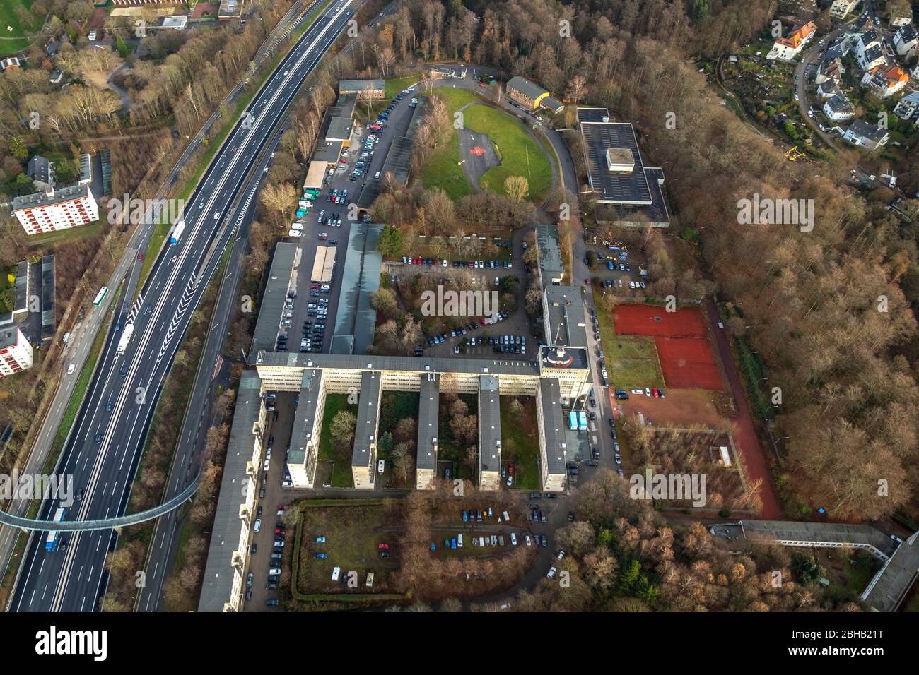 Aerial view, International Police Association IPA-NRW, Bredeney, Bauhaus Architecture, Essen, Ruhr area, North Rhine-Westphalia, Germany Stock Photo