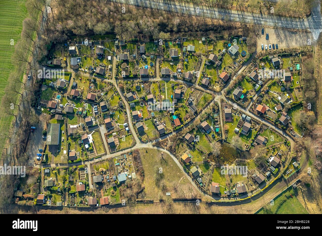 Aerial view, allotment garden in Pinnfeld, Kirchhellen, Hardinghausen, Bottrop, Ruhr area, North Rhine-Westphalia, Germany Stock Photo