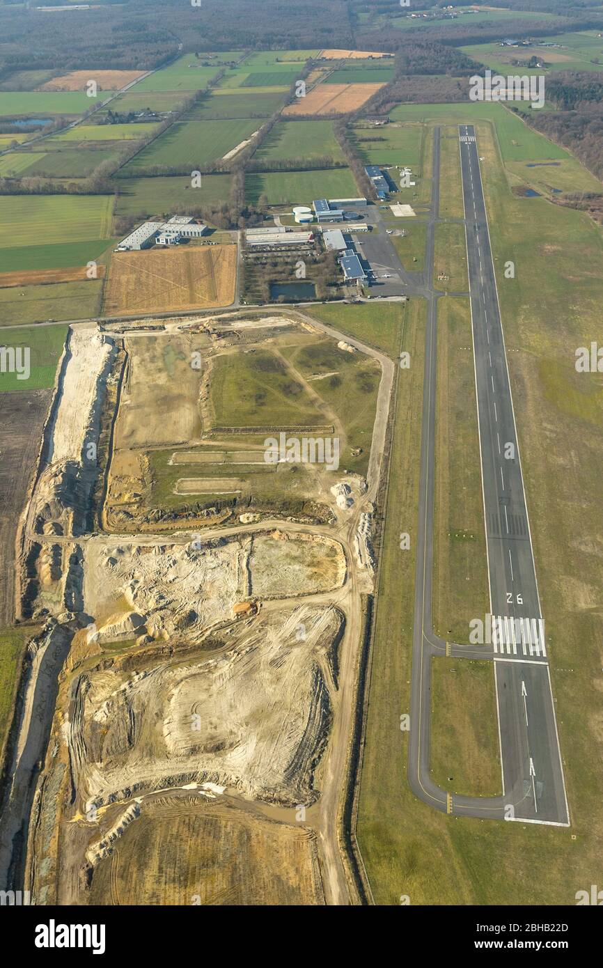Aerial view, gravel mining and sanding, airfield Dinslaken Schwarze Heide, Holthausen, Bottrop, Ruhr area, North Rhine-Westphalia, Germany Stock Photo