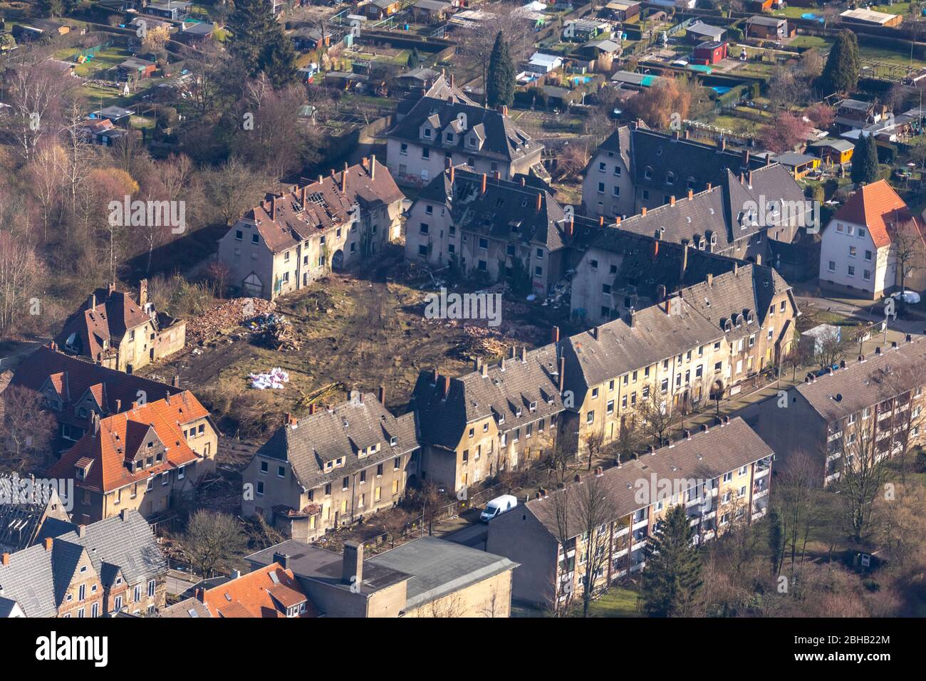 Aerial view, house ruins Schlägelstraße, historic settlement, Zweckel, Gladbeck, Ruhr area, North Rhine-Westphalia, Germany Stock Photo