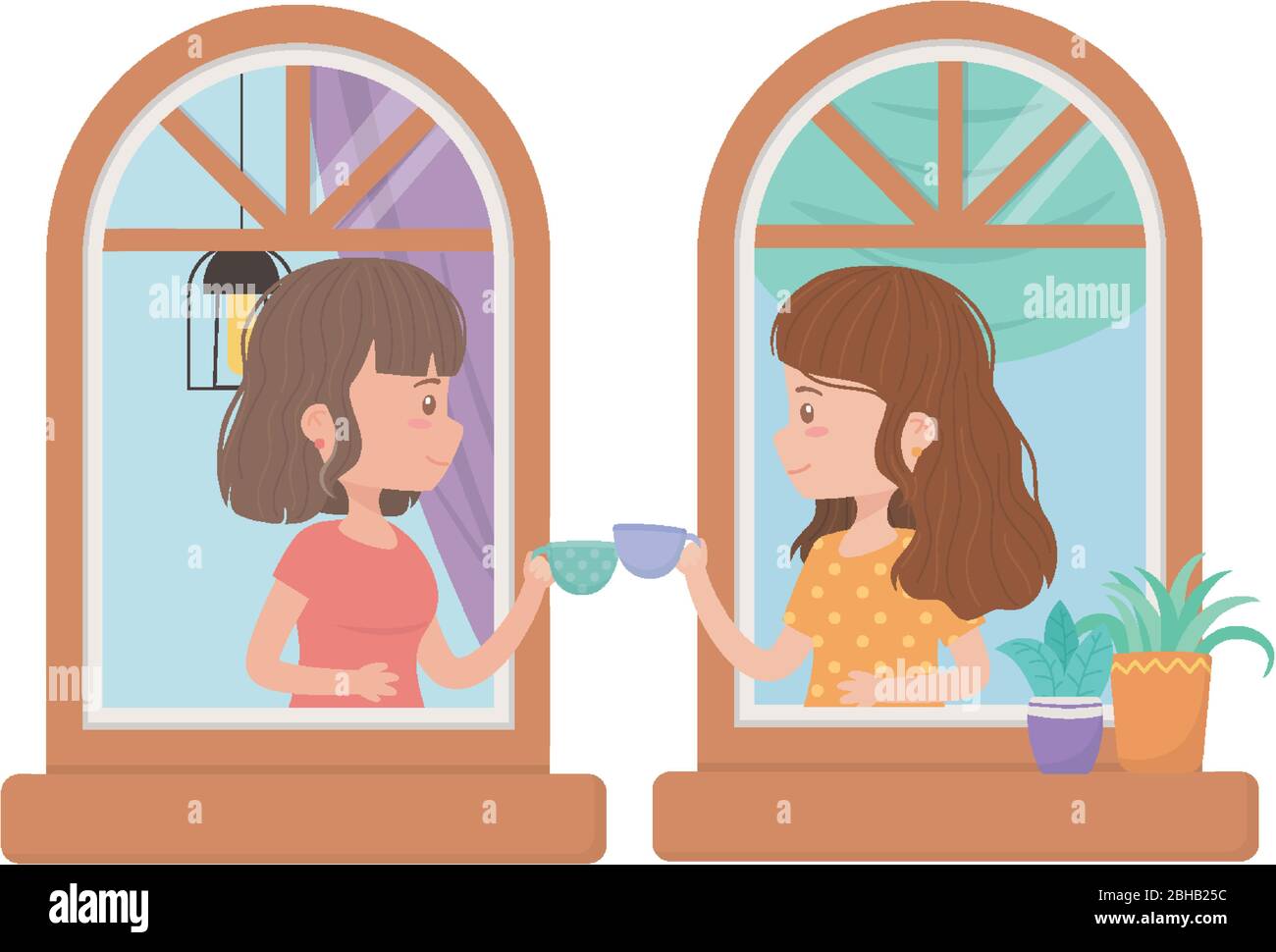 stay at home, women with coffee cups talking in the windows vector