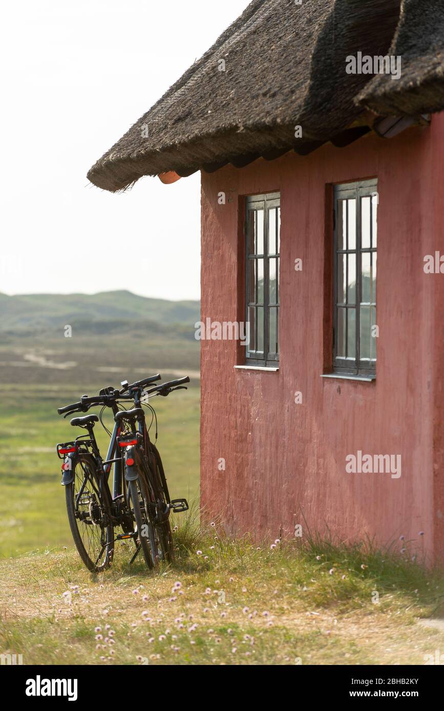 Denmark, Ringkøbingfjord, Varde, Nymindegab, Bicycles on a holiday home. Stock Photo