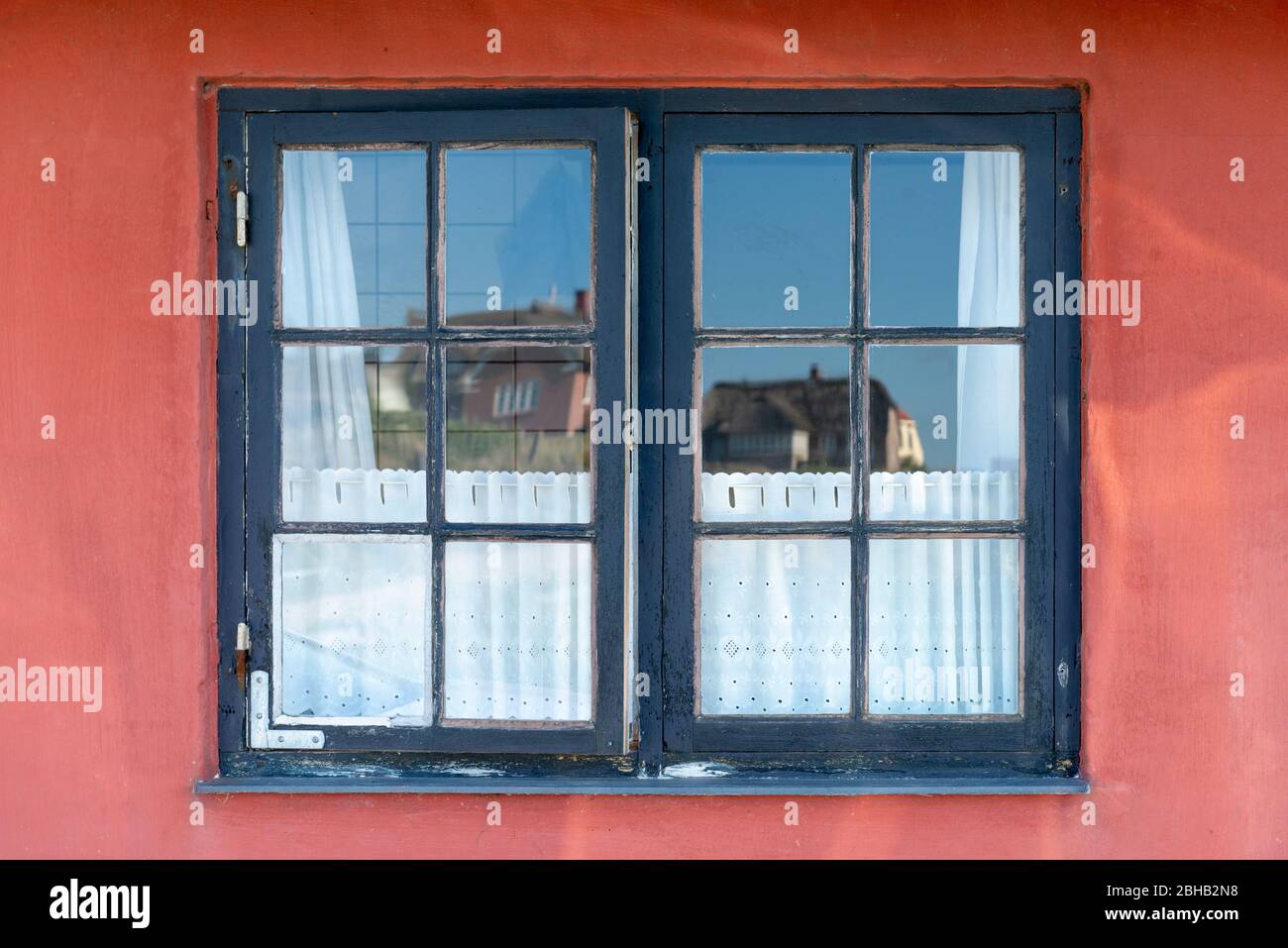 Denmark, Ringkøbingfjord, Varde, Nymindegab, window of a holiday home. Stock Photo