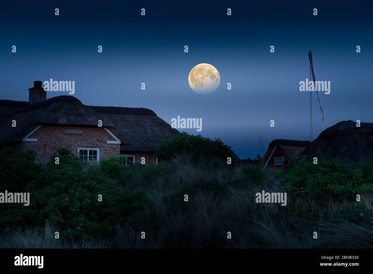 Denmark, Jutland, Ringkobing Fjord, cottages in the moonlight. Stock Photo
