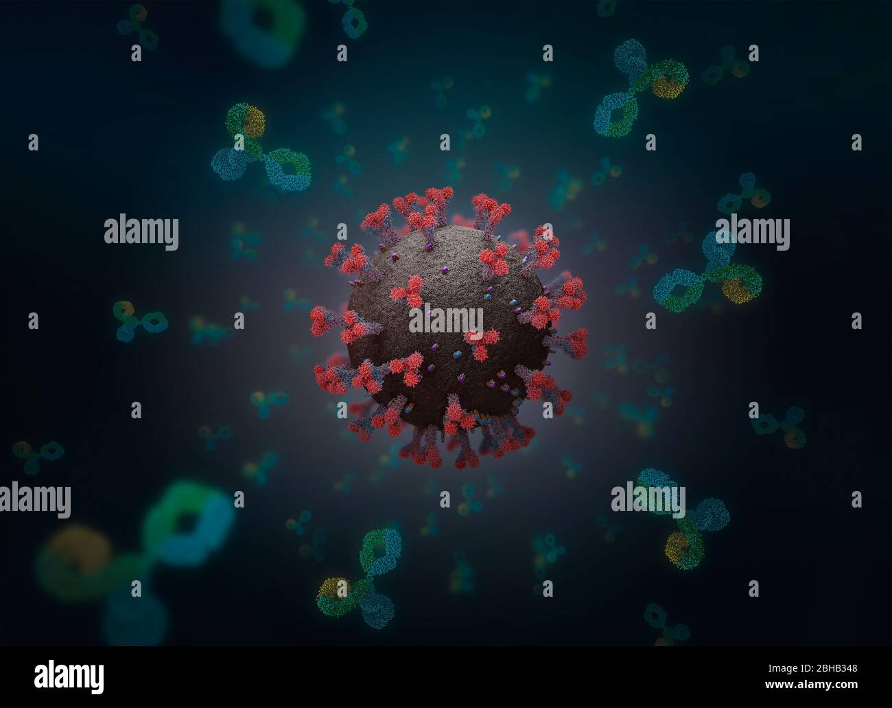 Antibodies attacking virus, 3d illustration. The body's own immune