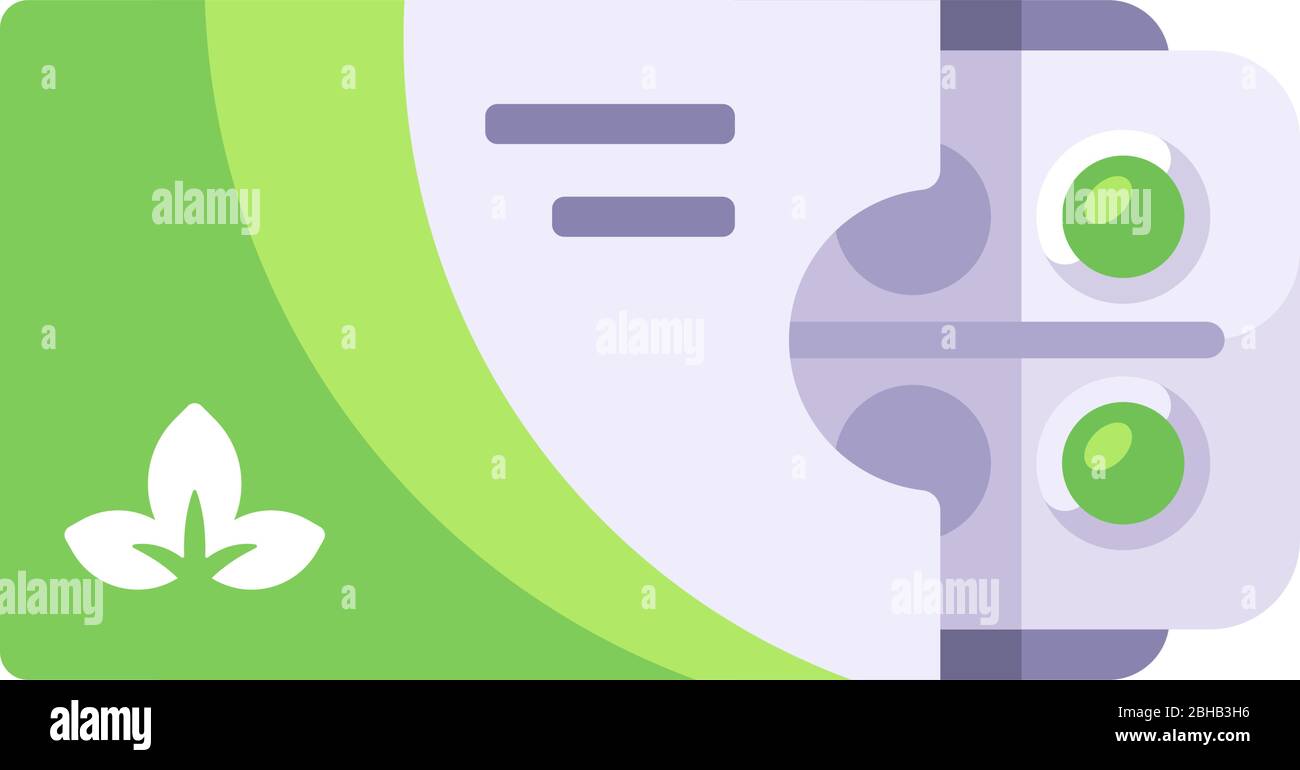 Green natural tablets pack. Blister with pills in a box flat illustration Stock Vector Image