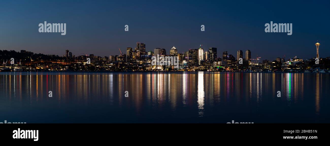 Illuminated city at dusk, Seattle, Washington, USA Stock Photo