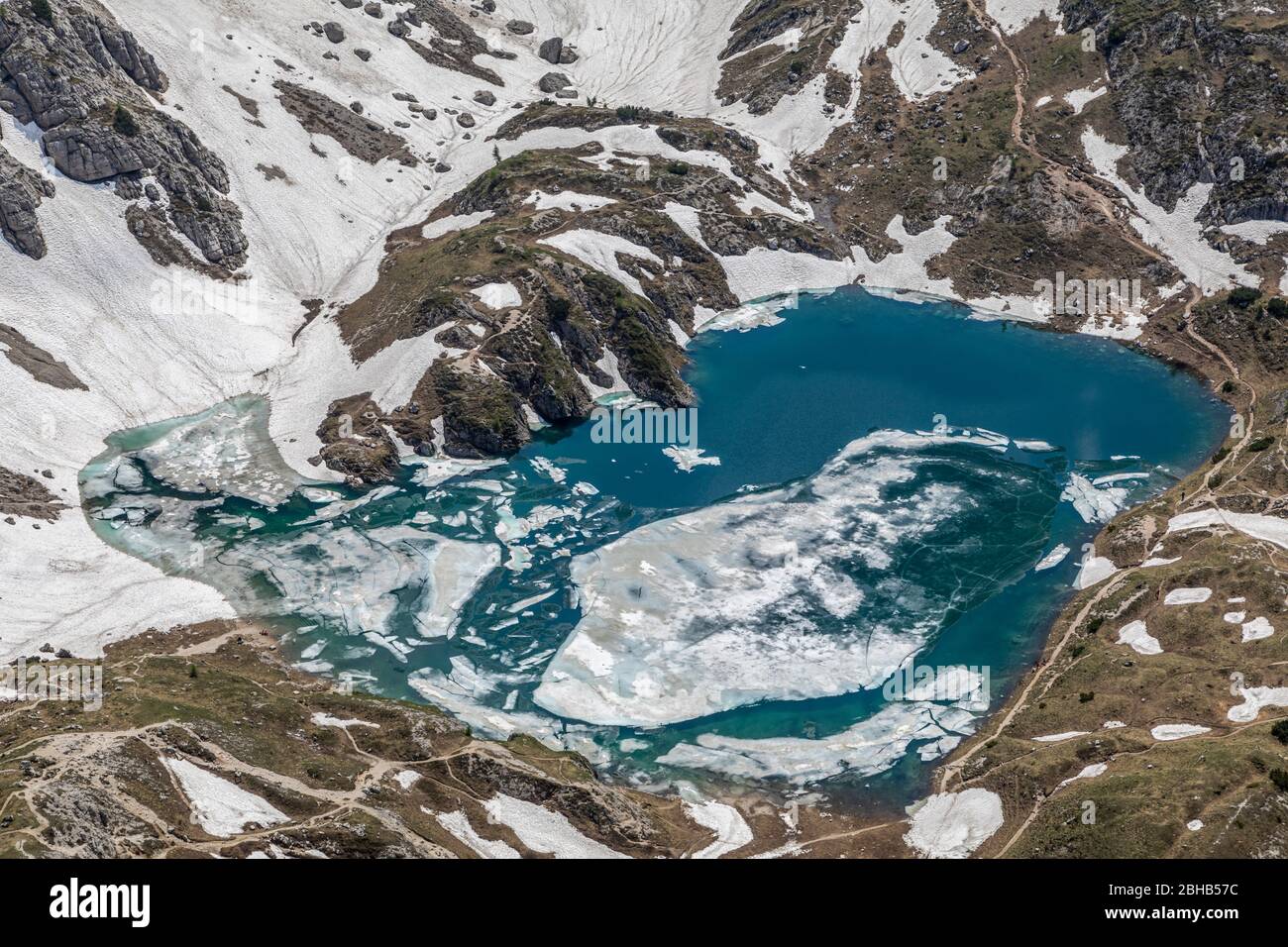 elevated view of the coldai lake from cima Coldai, Civetta, Dolomites, Alleghe, Belluno, Veneto, Italy Stock Photo