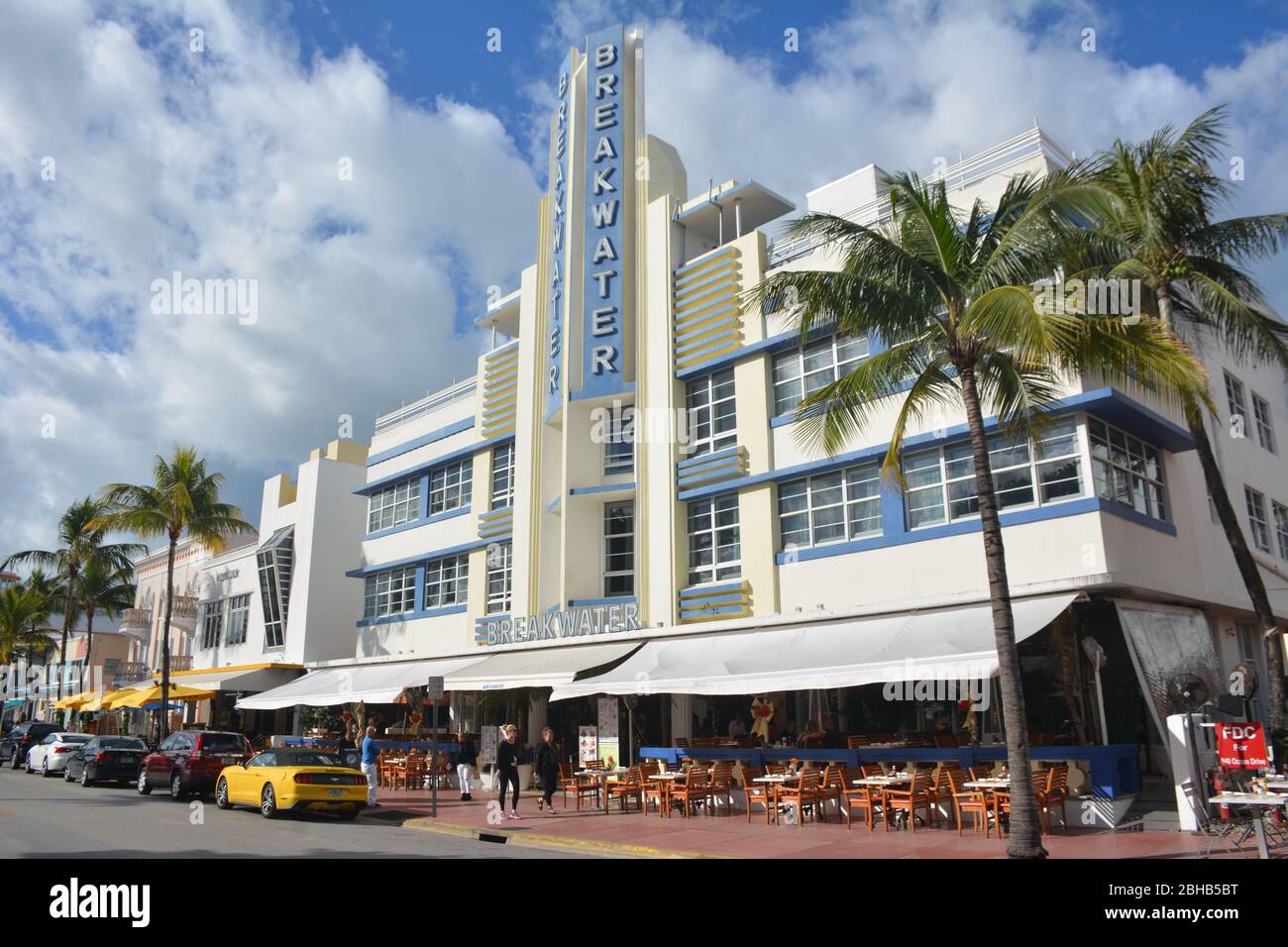 The Breakwater hotel on Ocean Drive. The world's largest collection of Art Deco architecture is in South Beach, part of Miami Beach, Florida, USA. Stock Photo