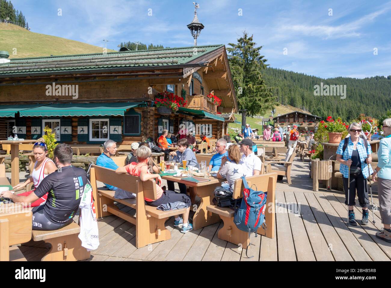 Austria, Saalbach-Hinterglemm, at the Panorama Alm. Stock Photo
