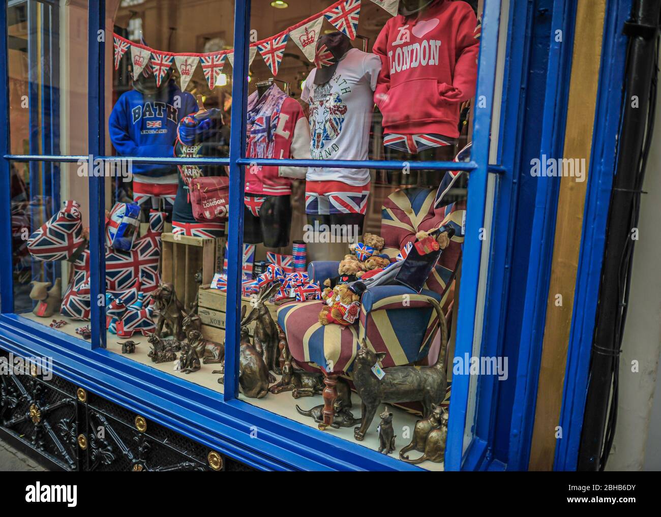 Typical shop window of an English gift shop full of souvenirs with the