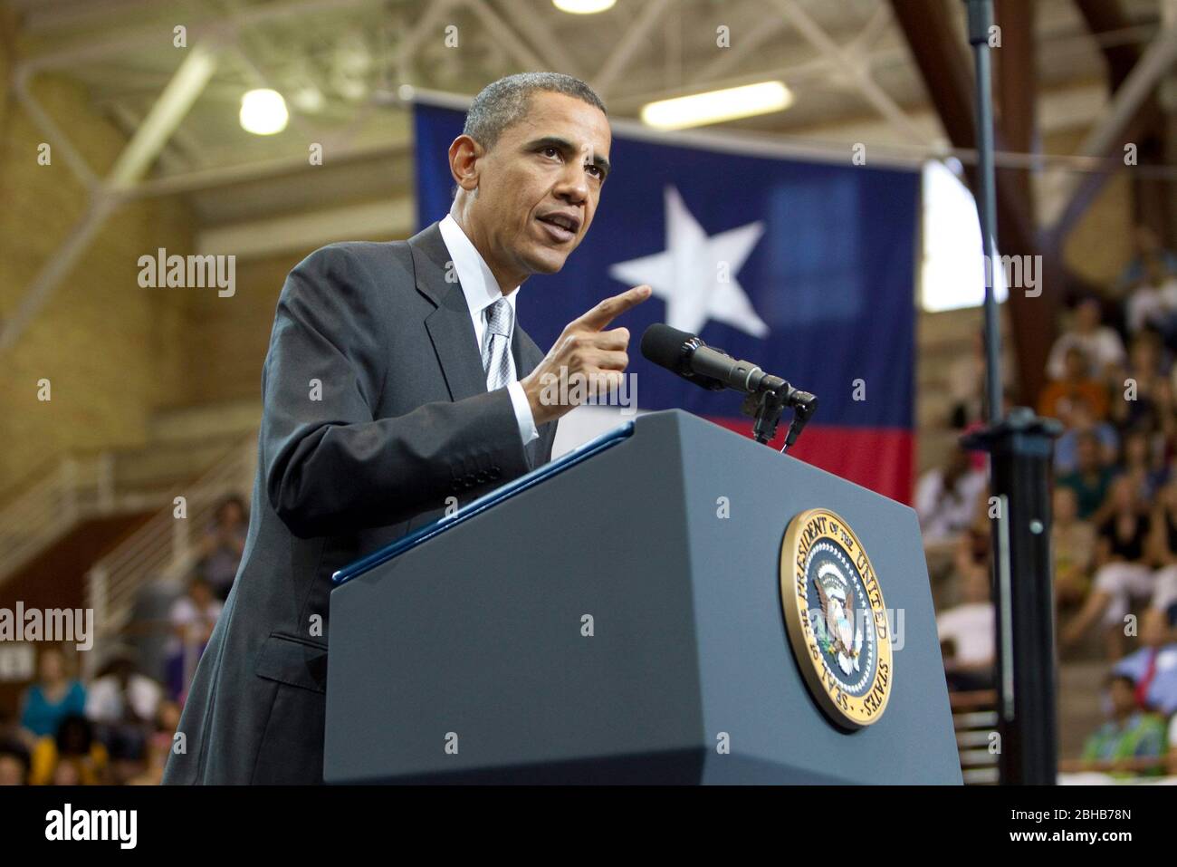 Austin Texas USA, Aug. 9 2010: U.S. Pres. Barack Obama speaks to a college student-heavy audience during an address in Gregory Gym at the University of Texas at Austin. Stock Photo