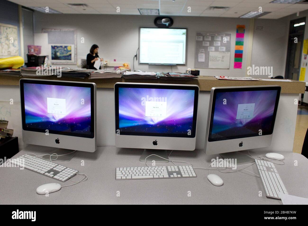 Manor Texas USA, May 11 2010: Apple computers await use by students in a social studies classroom at Manor New Tech High School, an innovative setting that centers on project-based learning in TSTEM (Technology Science Engineering Mathematics) curriculum. ©Bob Daemmrich Stock Photo