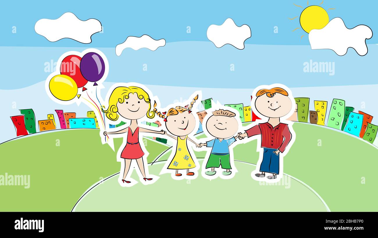 A family of four plays on the street. Parents with children play in a park near the city. Family hold hands. Stock Vector