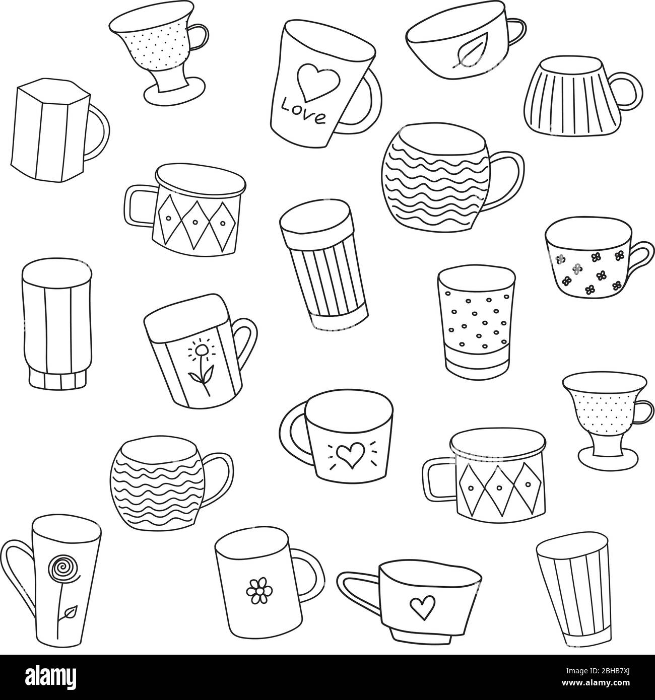 seamless vector pattern with tea cups, black on white background ...