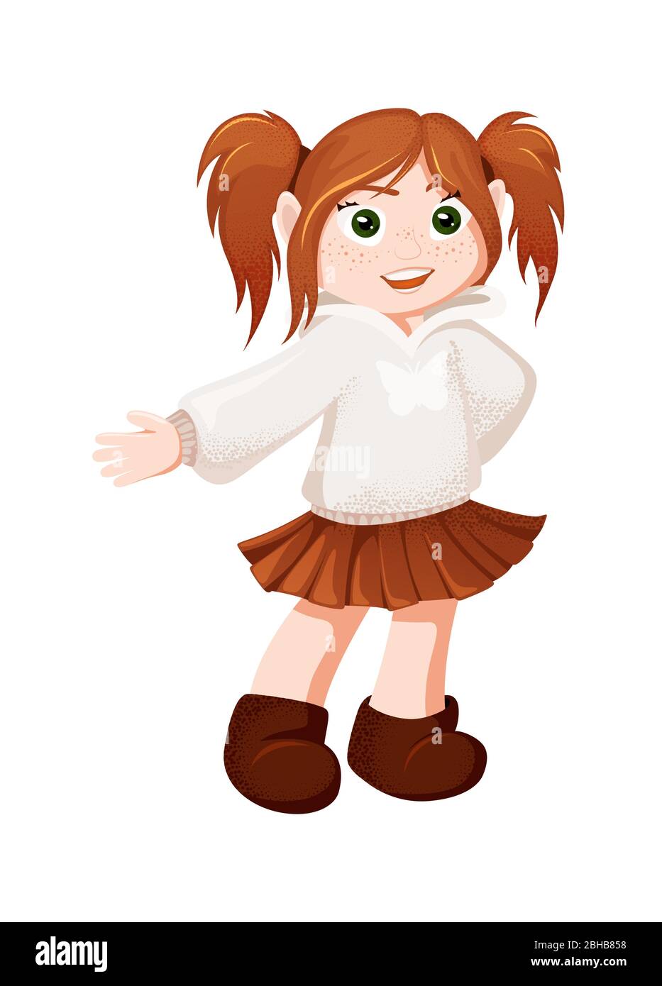Vector redhaired girl is showing to something. Ginger schoolgirl
