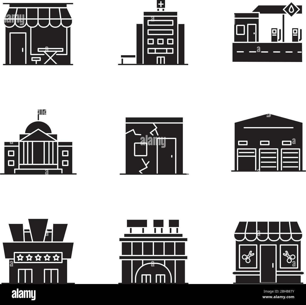 Urban building exteriors black glyph icons set on white space Stock ...
