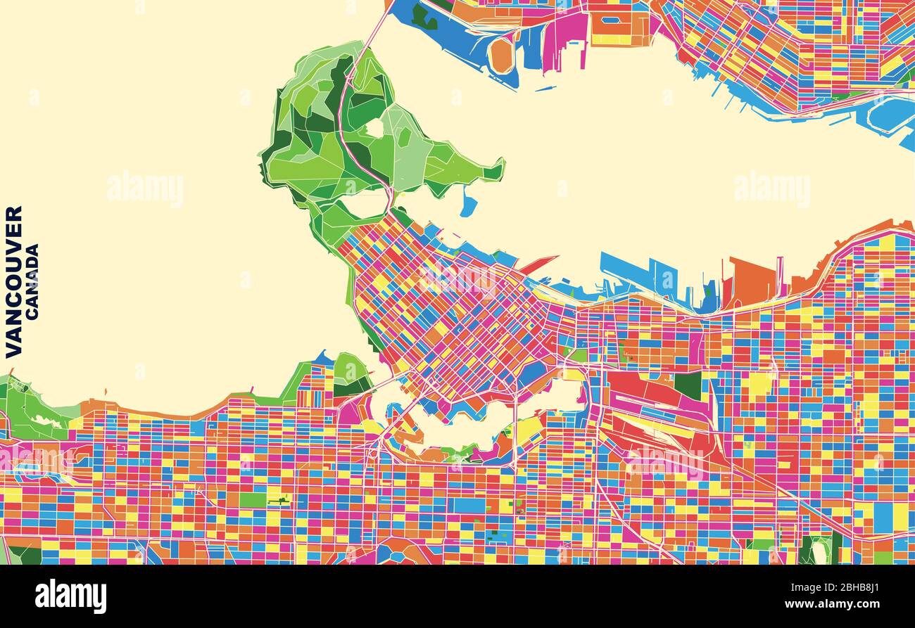 Colorful vector map of Vancouver, British Columbia, Canada. Art Map
