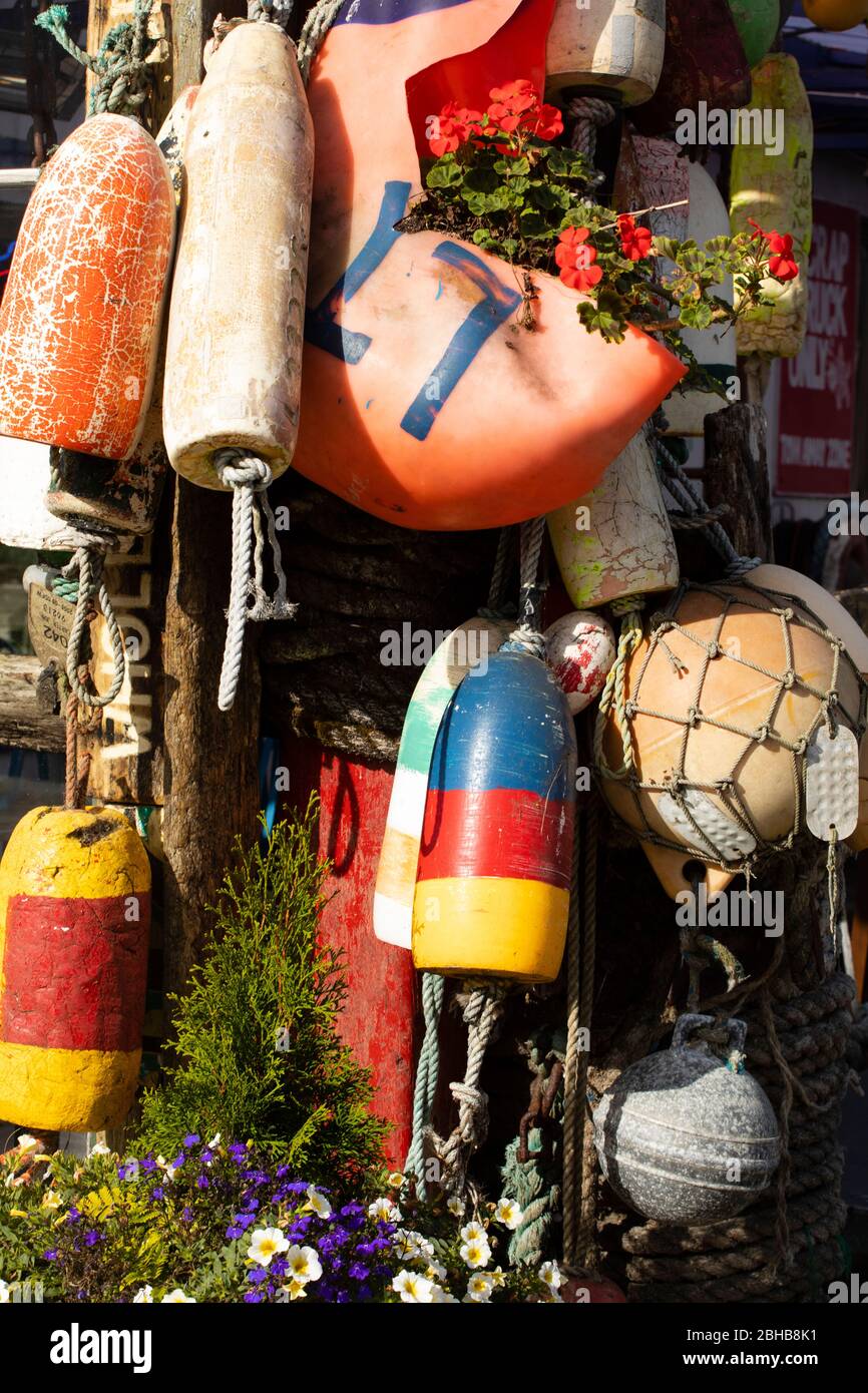 Close up of hanging buoys , Astoria Harbor, Oregon, USA Stock Photo