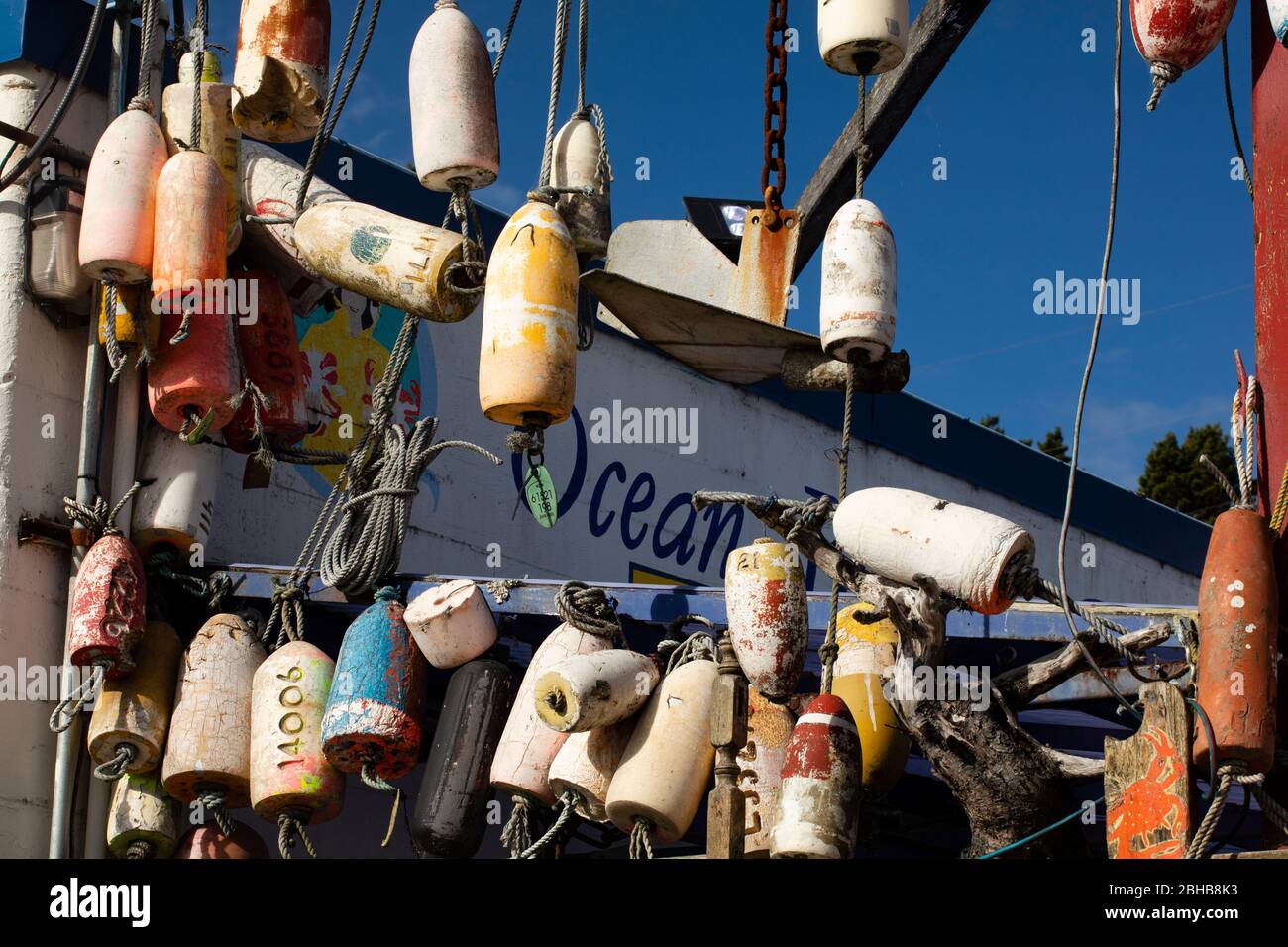 Close up of hanging buoys , Astoria Harbor, Oregon, USA Stock Photo